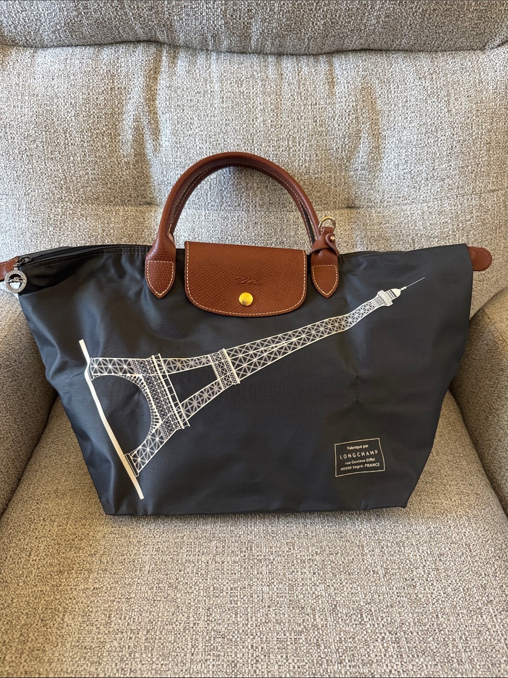 Longchamp Le Pliage Eiffel Tower Tote - Grey with Brown Trim Paris Edition